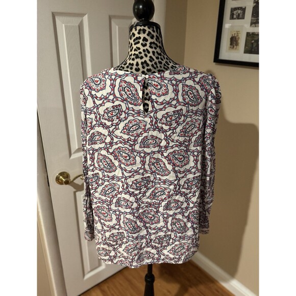 Talbots Paisley Printed Tiered Ruffle Front Blouse Size 1X Red White Blue Plus - Picture 2 of 12